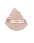 A pack of 5 triangular pink velvet powder puffs with the logo 'tanielle jai' featured across the center.