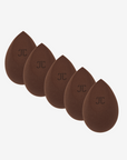 A set of five regular sized brown latex-free makeup sponges, branded with 'TJ', arranged in a row with the pointed end facing up.