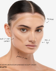 BRONZOUR CREAM BRONZER in iCED LATTE on a FAIR OLIVE model, with written directions for where to apply: Foreead, Cheek & Eye Contours, Nose & Lips, Jawline and chin.