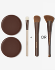 Makeup brush choices and two Bronzours on a white background