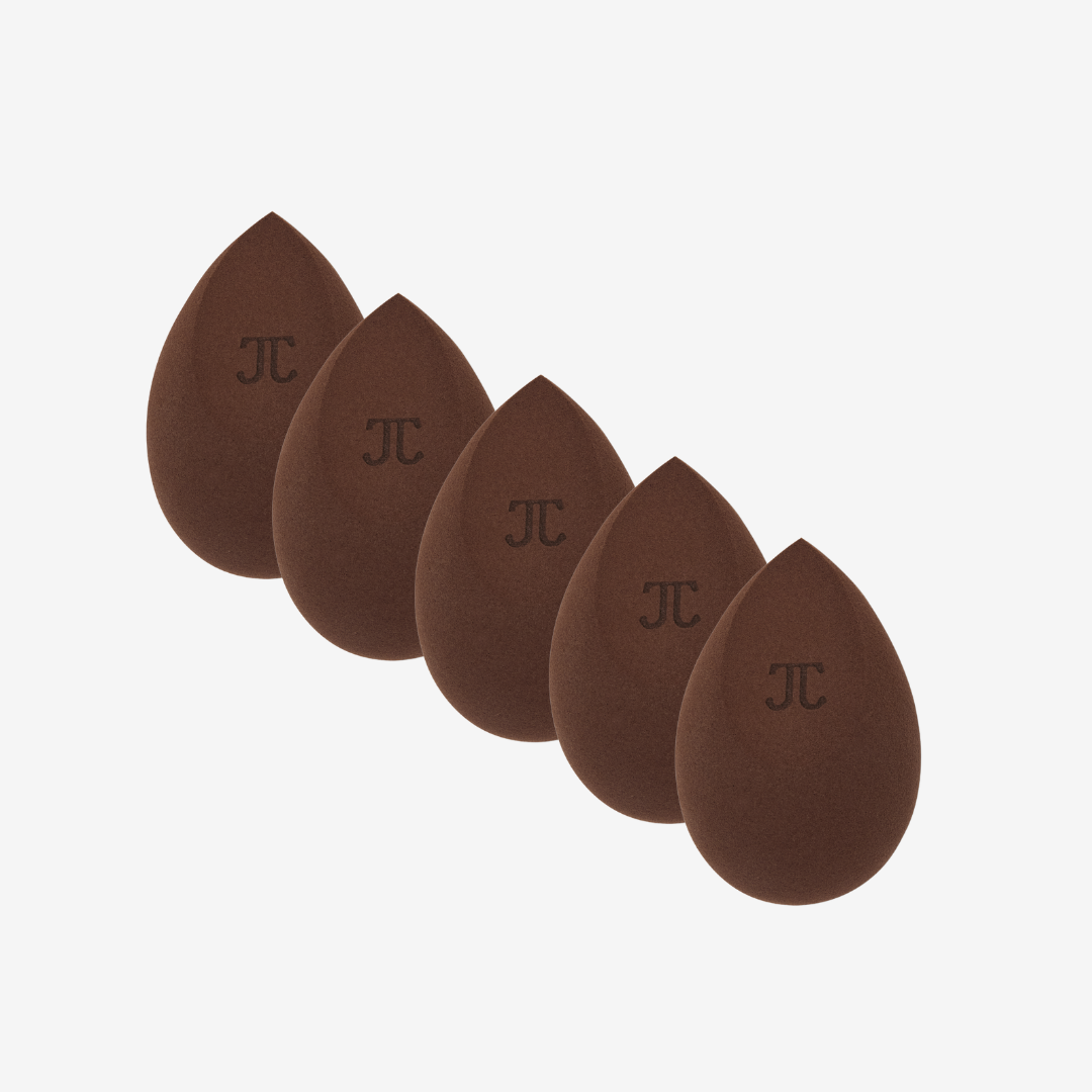 A set of five regular sized brown latex-free makeup sponges, branded with 'TJ', arranged in a row with the pointed end facing up.