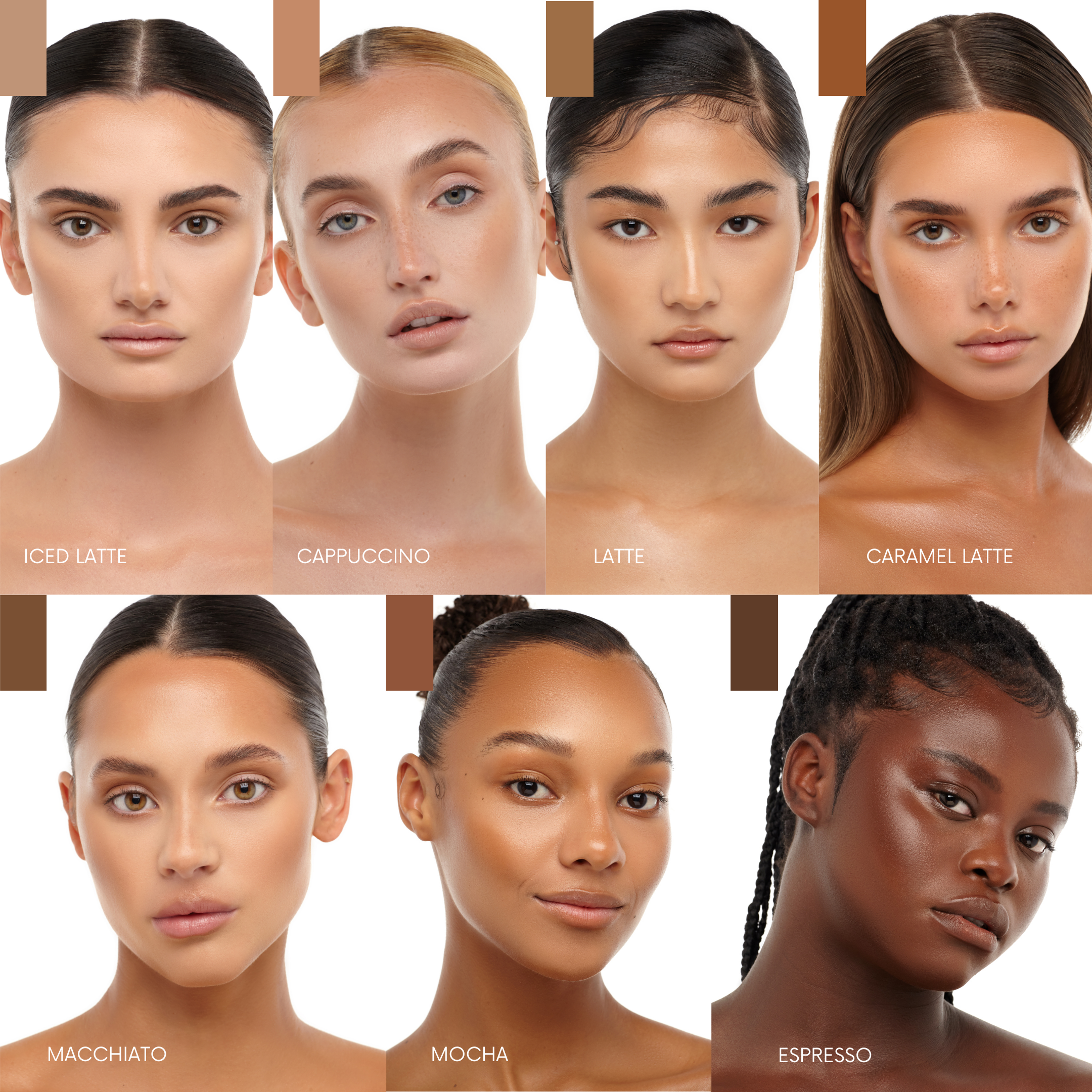 A shade Guide for Tanielle Jais BRONZOUR showing images of each shade applied to a range of skintones.
