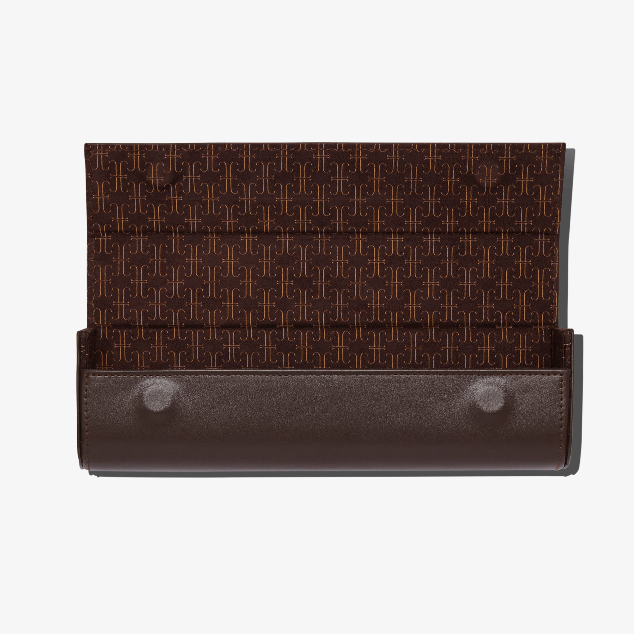 Tanielle Jai Vegan leather brush clutch with magnetic closure open