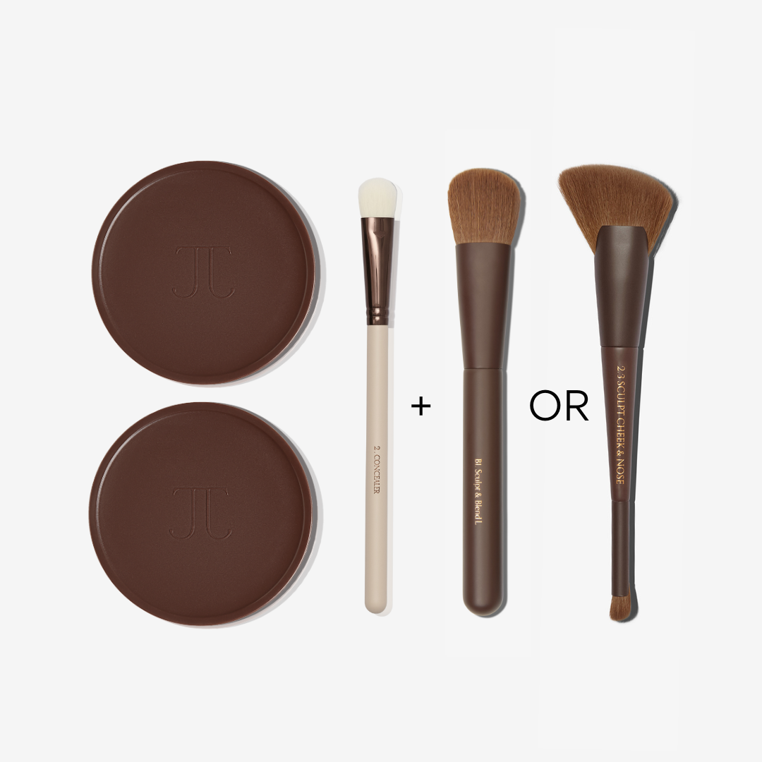Makeup brush choices and two Bronzours on a white background